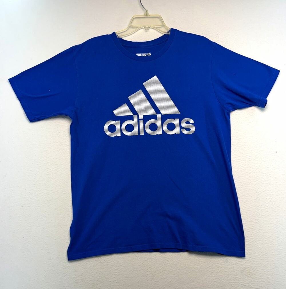 adidas The Go-To Tee Men’s L Blue Cotton Knit Logo Graphic Crew Neck T-Shirt